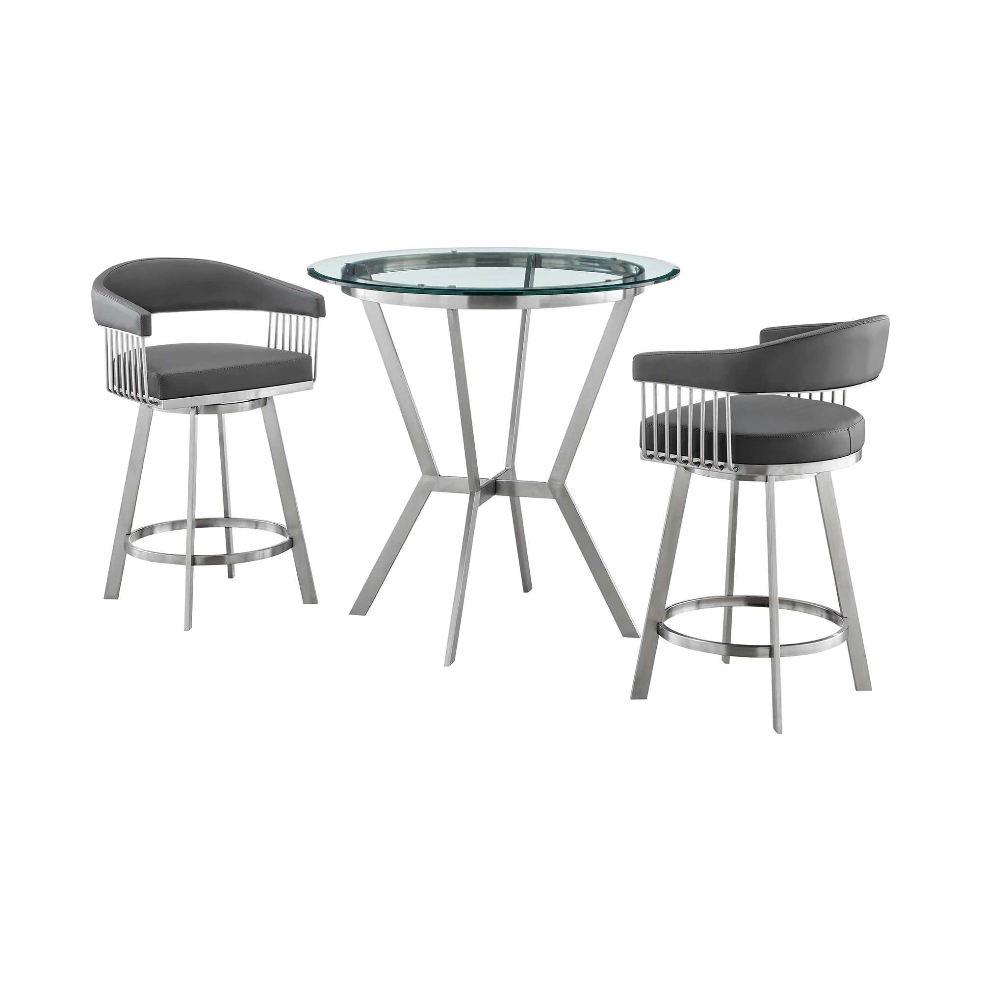 Armen Living Naomi and Chelsea 3-Piece Counter Height Dining Set in Brushed Stainless Steel and Grey Faux Leather