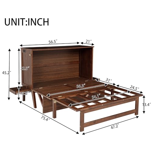 Full Size Cabinet Murphy Bed with USB Port and Removable Shelves on Each Side, Solid Pine Wood Murphy Cabinet Bed for Home Office Guest Room, Walnut