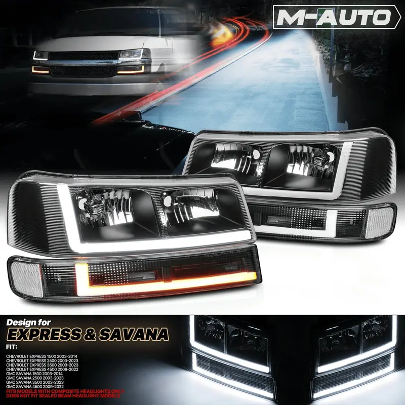 Quad LED Running Light Bar Kit (L+R) with Bumper-Mounted Turn Signals for Chevrolet Express 1500 (2003–2014) & Express 2500 (2003–2023)