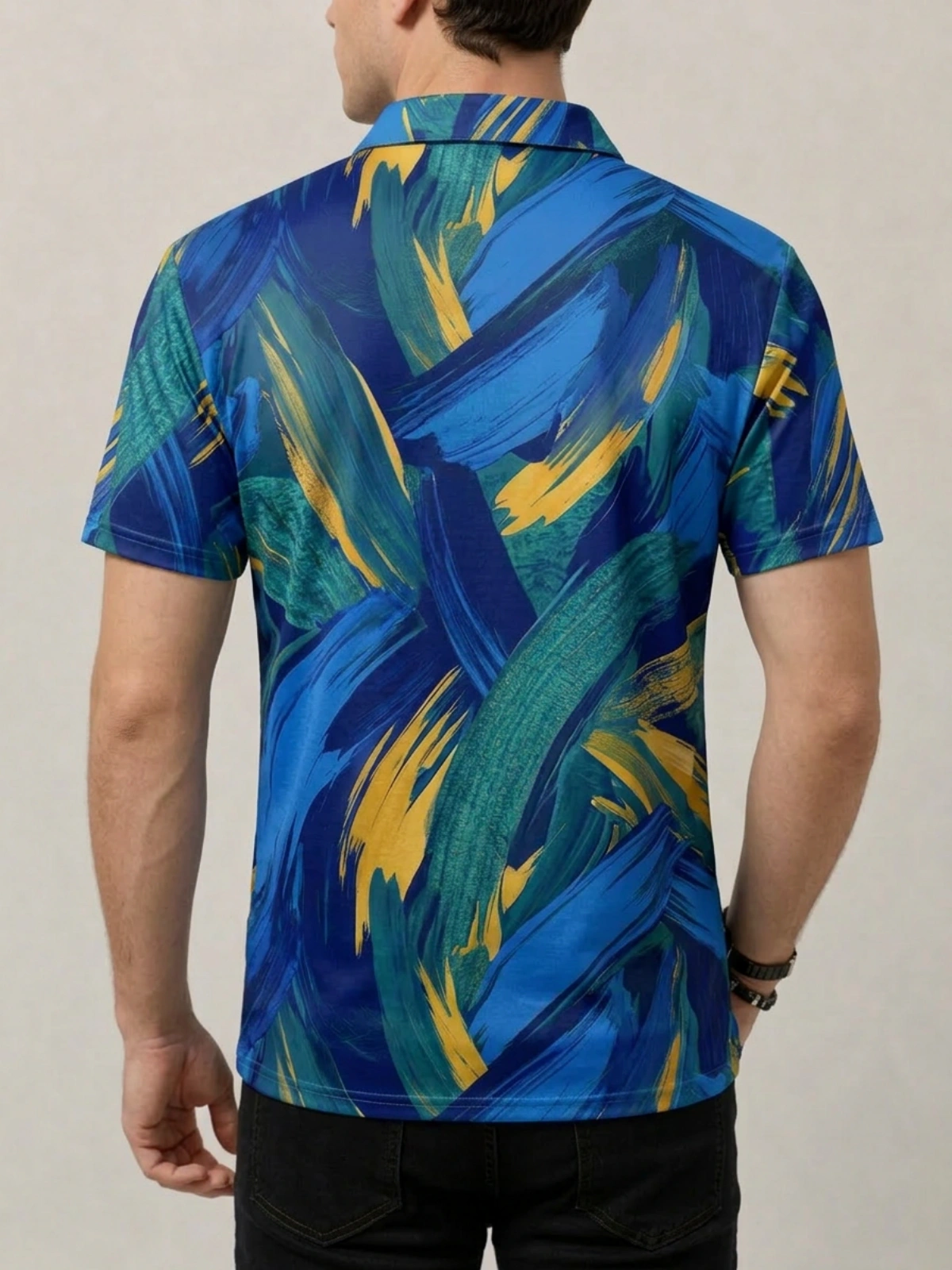 Blue Teal Gold Brushstroke Abstract Print Short Sleeve Golf Polo Shirt