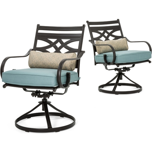Hanover Montclair 7Piece Dining Set in Ocean Blue with 6 Swivel Rockers,40In. x 66In. Dining Table and 9Ft. Umbrella