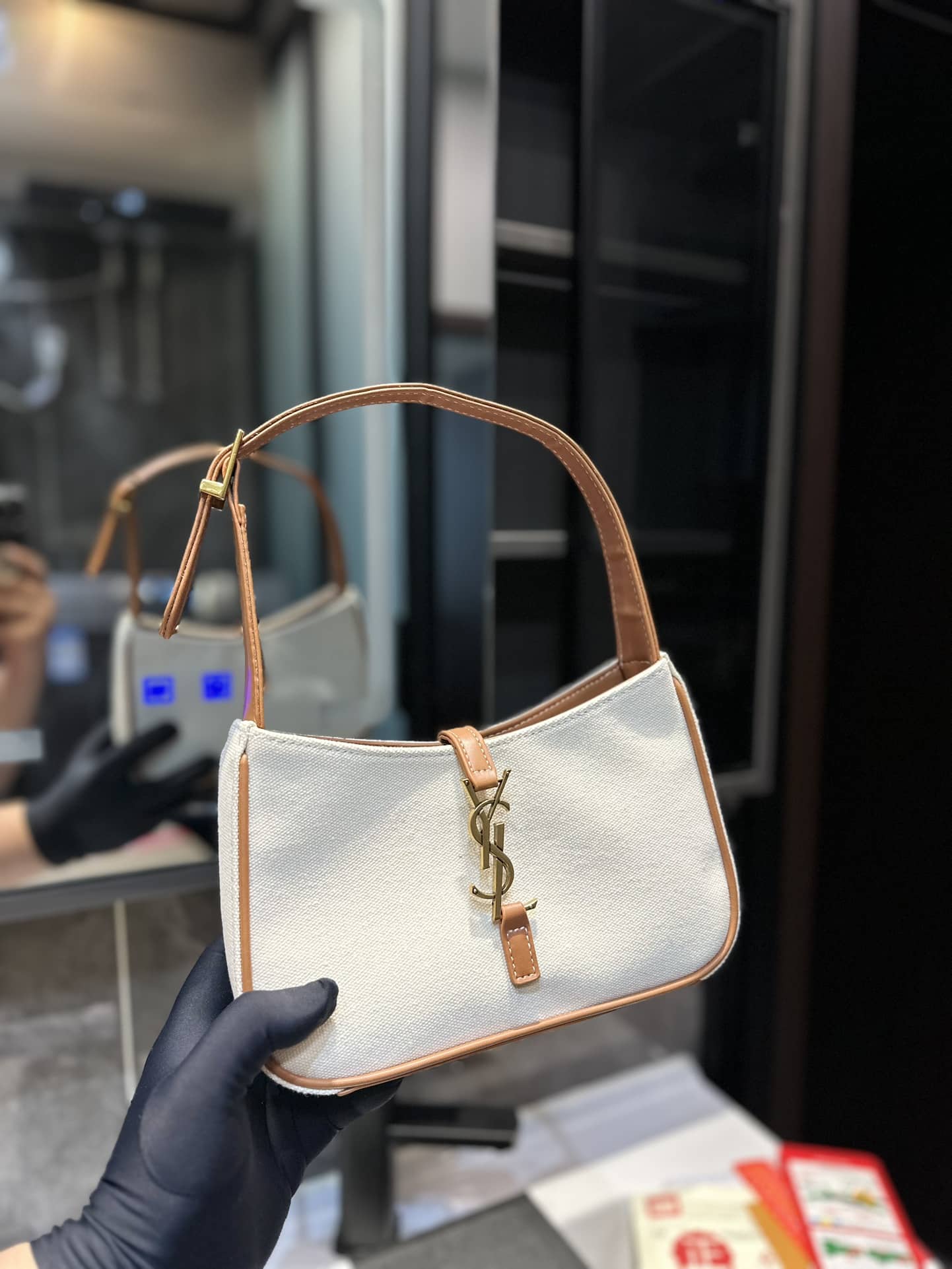 Saint Laurent Le 5 A 7 Linen Canvas Hobo Bag White And Brown 25Cm
