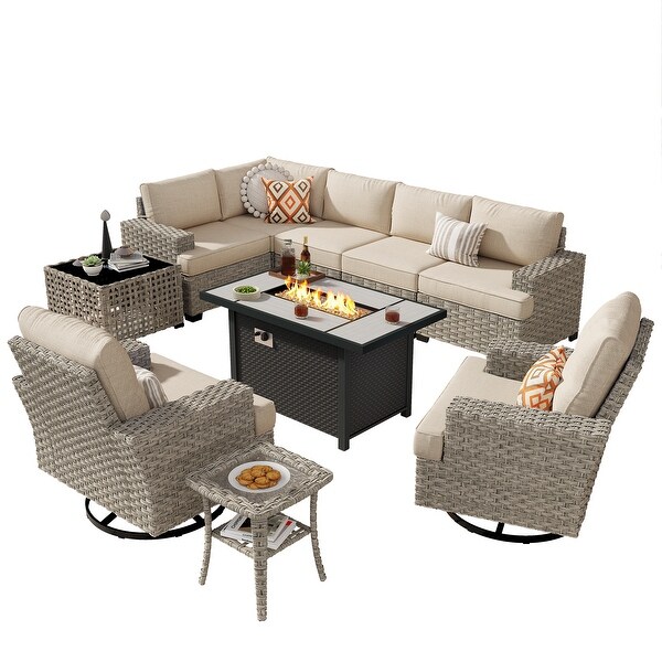 OVIOS 10 Pieces T shaped Seat Wide Armrest Swivel Chair Set With SolarPowered TableandFire Pit