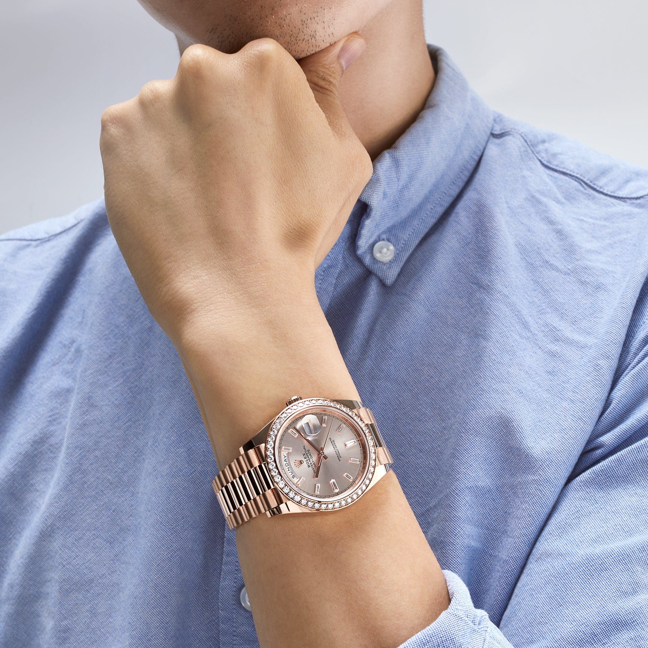 Rolex Day-Date 40 228345RBR Rose Gold Diamond Bezel Sundust Diamond Dial
