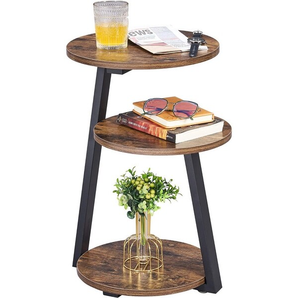 Round End Table Side Table with Metal Frame,Rustic Brown