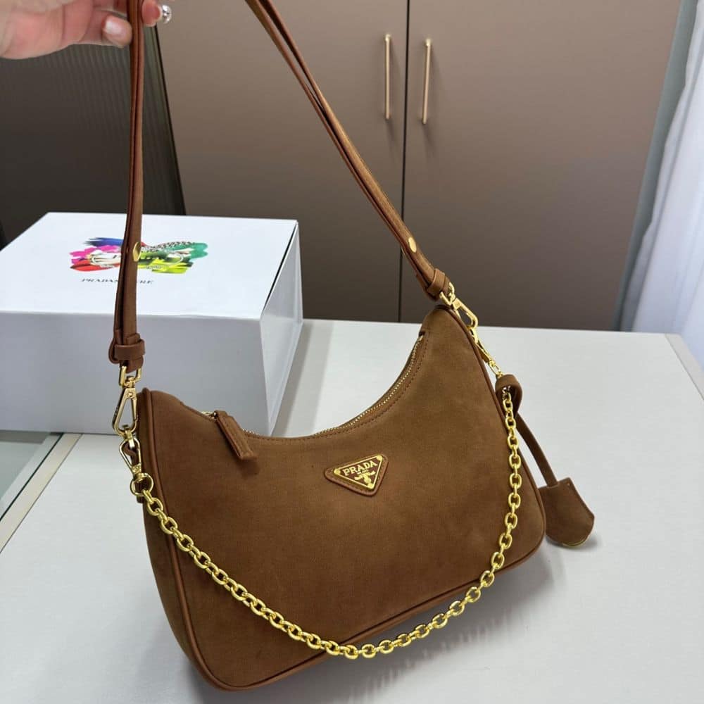 Prada Re Edition Mini Suede Shoulder Bag Brown 28Cm