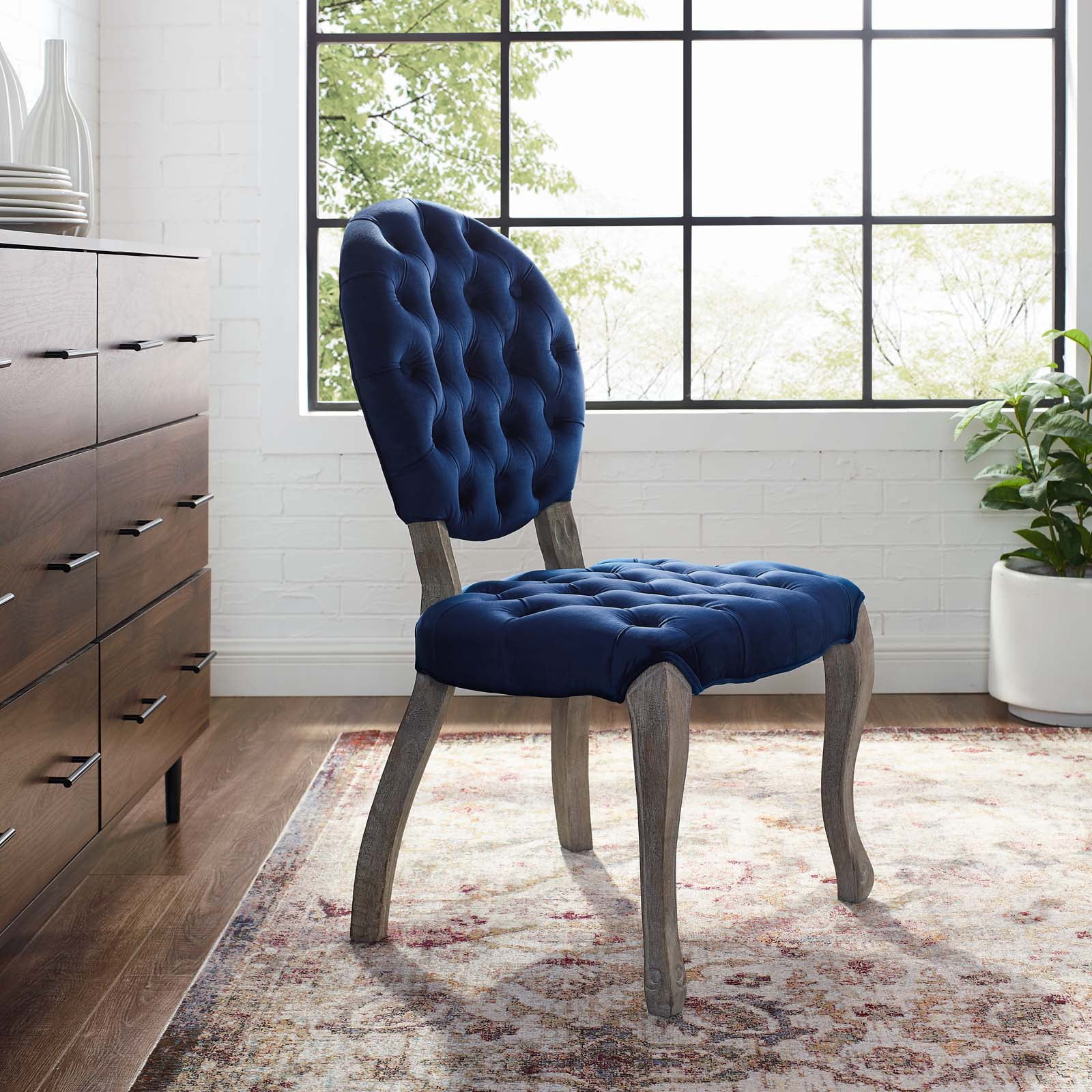 Industrial Country Cottage Farm Beach House Dining Kitchen Room Vintage Style Side Chair, Velvet Fabric Wood, Navy Blue