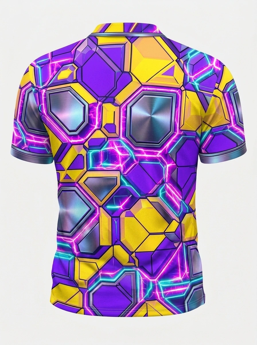 Moisture Wicking Golf Polo 3D Purple Yellow Geometric Neon Button Short Sleeve Golf Polo Shirt