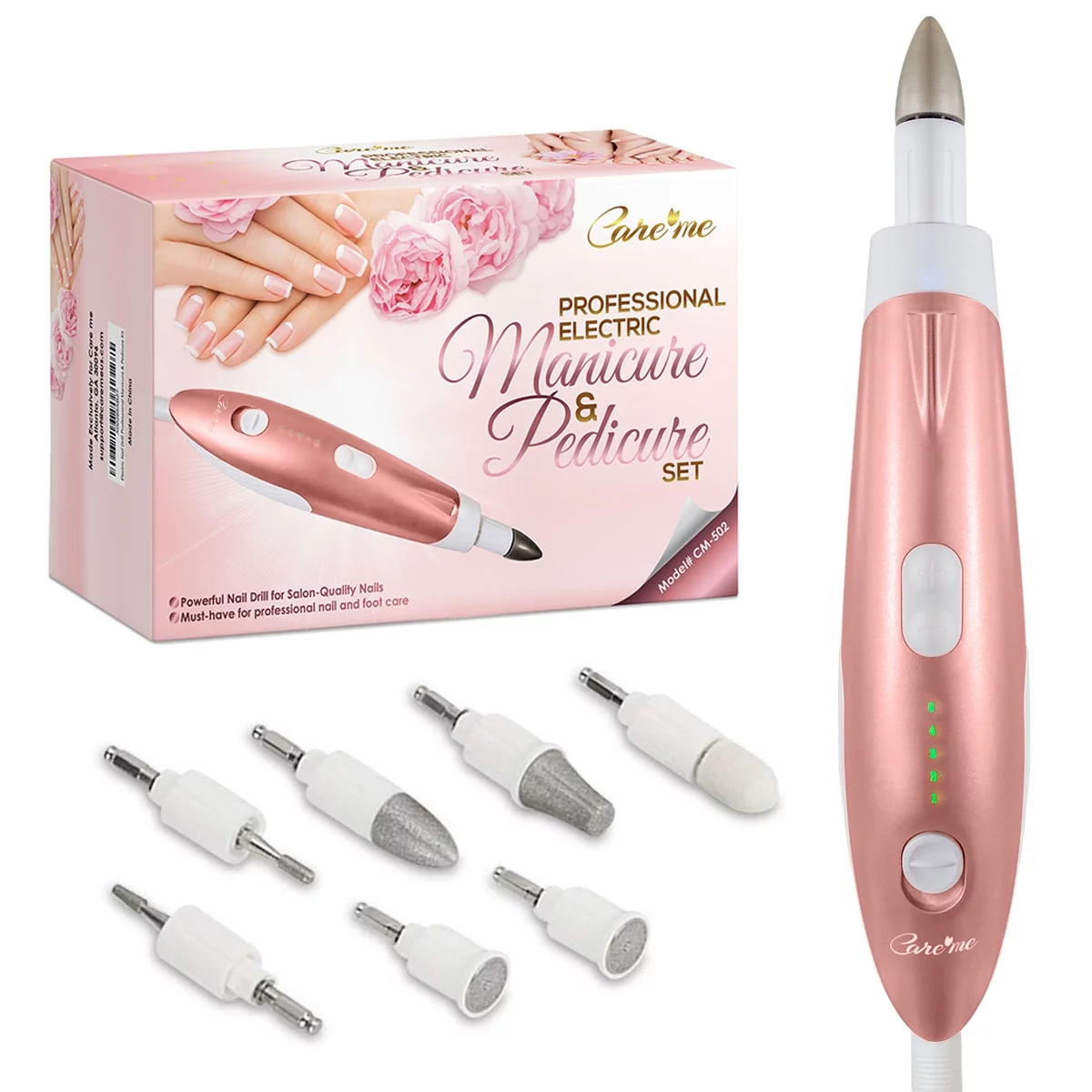 Care me Powerful Corded Electric Nail Drill Set File, Buff, Shape, Polish Nails, Remove Cuticles & Calluses - Professional Manicure & Pedicure Kit for Nail Care