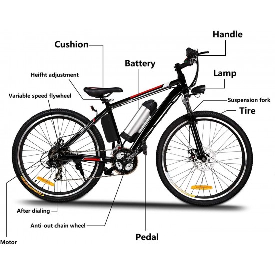 Electric Bike Electric Bicycle for Adult 26” Electric Mountain Bike 250W Ebike 21 Speed Gear with Removable Lithium Battery and Battery Charger