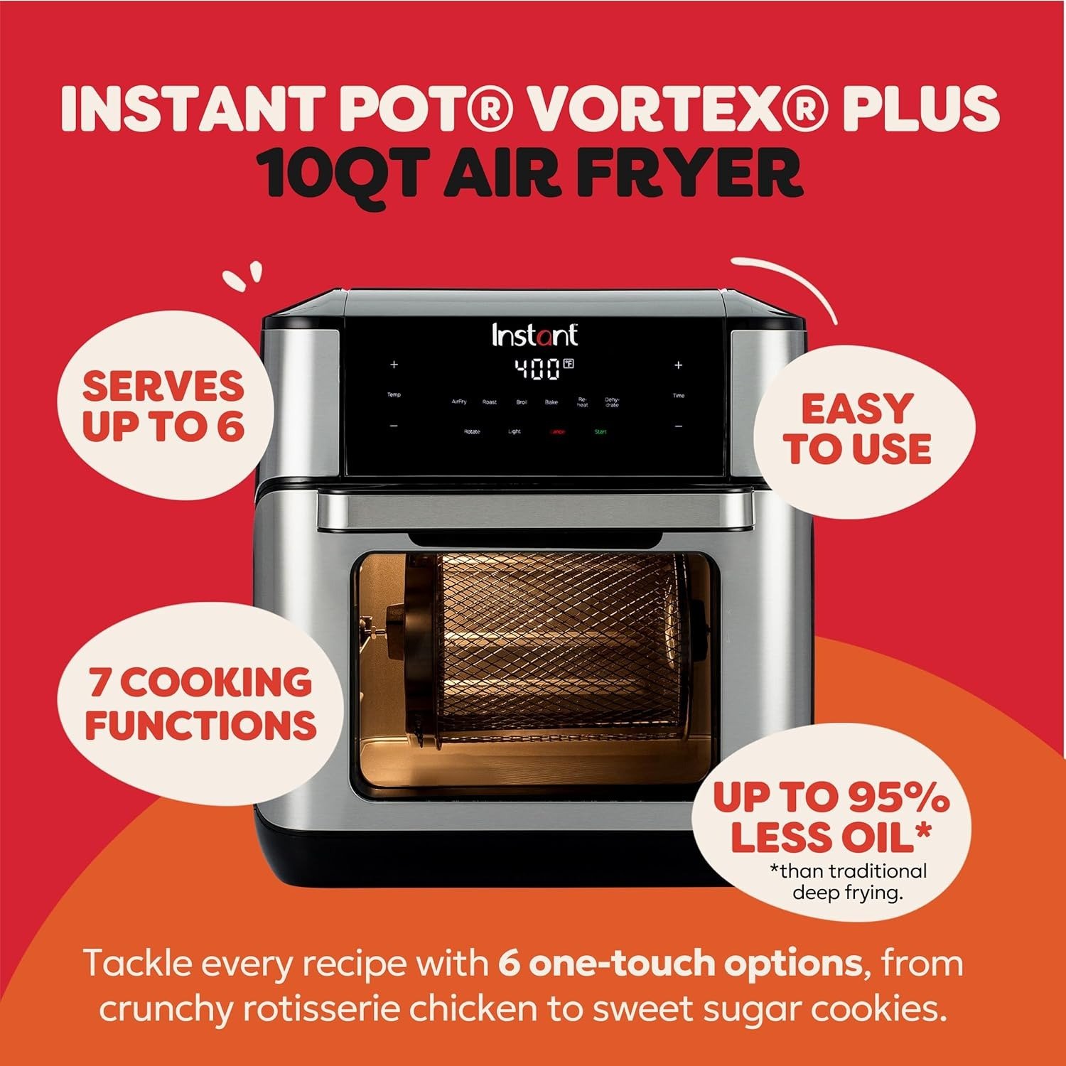 10QT Air Fryer, 7-in-1 Functions with EvenCrisp Technology that Crisps, Broils, Bakes, Roasts, Dehydrates, Reheats & Rotisseries, Includes over 100 In-App Recipes, Stainless Steel