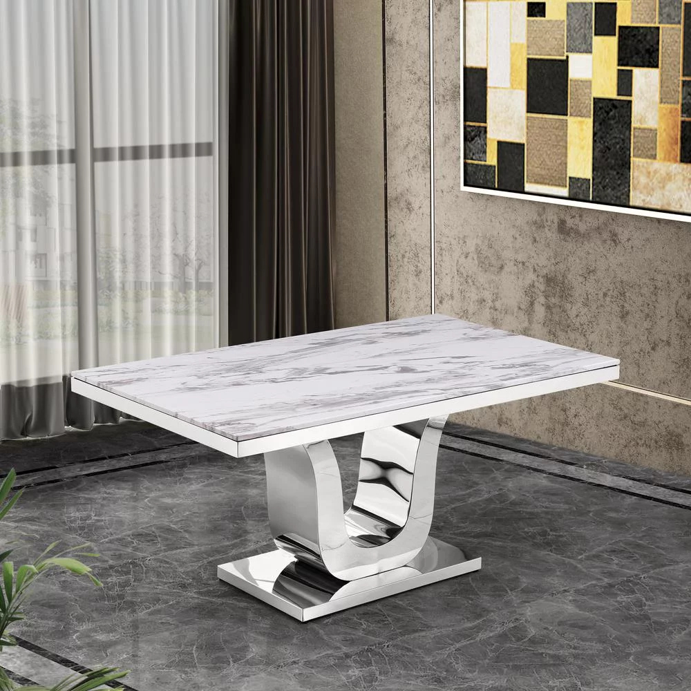 Silver Stainless Steel 9 Piece Dining Set with Marble Table and Gray Chairs