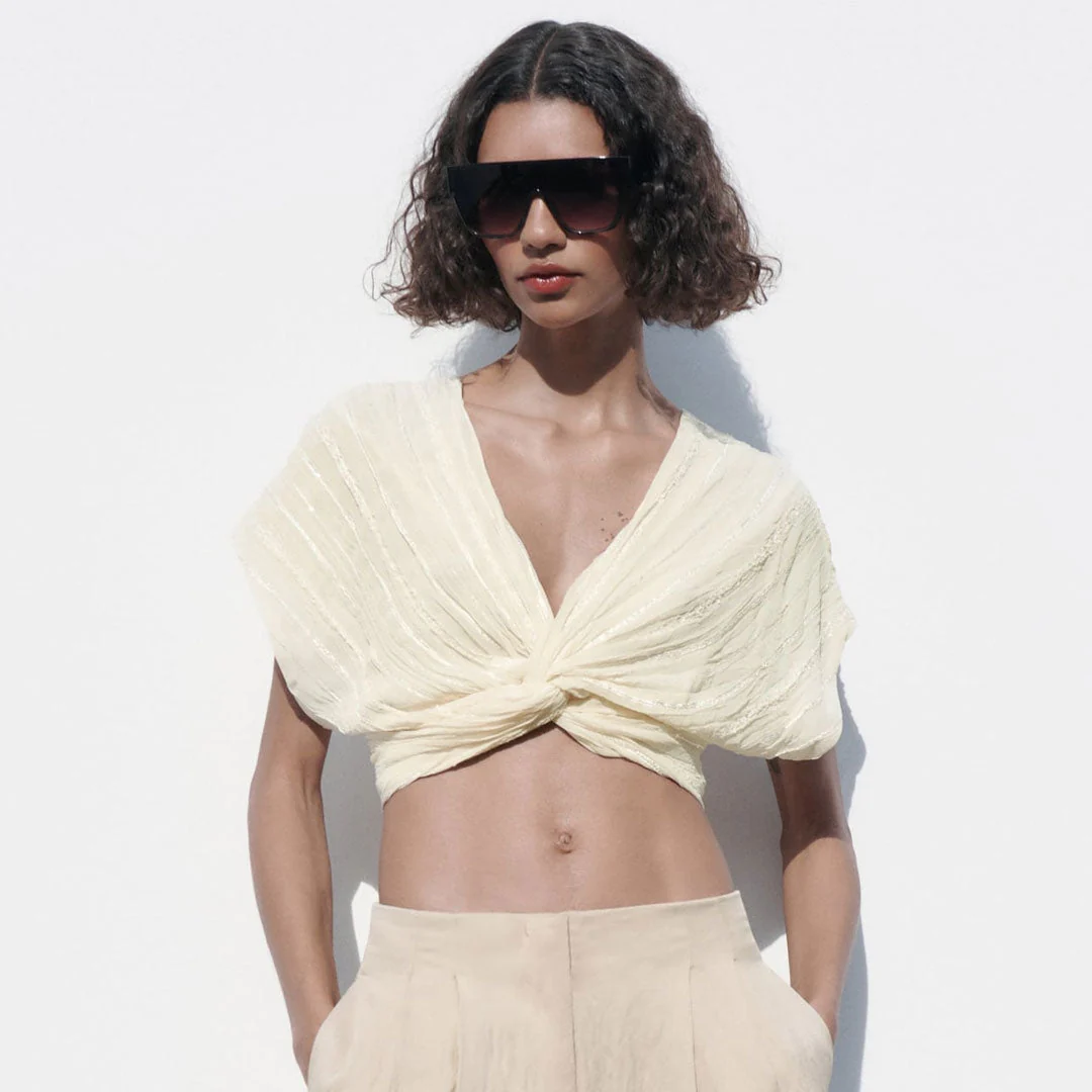 Plunge V Neck Lace Trim Dolman Crop TopClistos