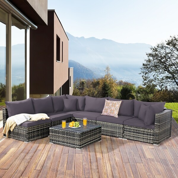 7PCS Patio Rattan Furniture Set Sectional Sofa Garden Cushion