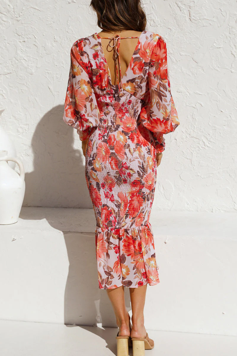 Elegant Floral Print Midi Dress with V-NeckClistos
