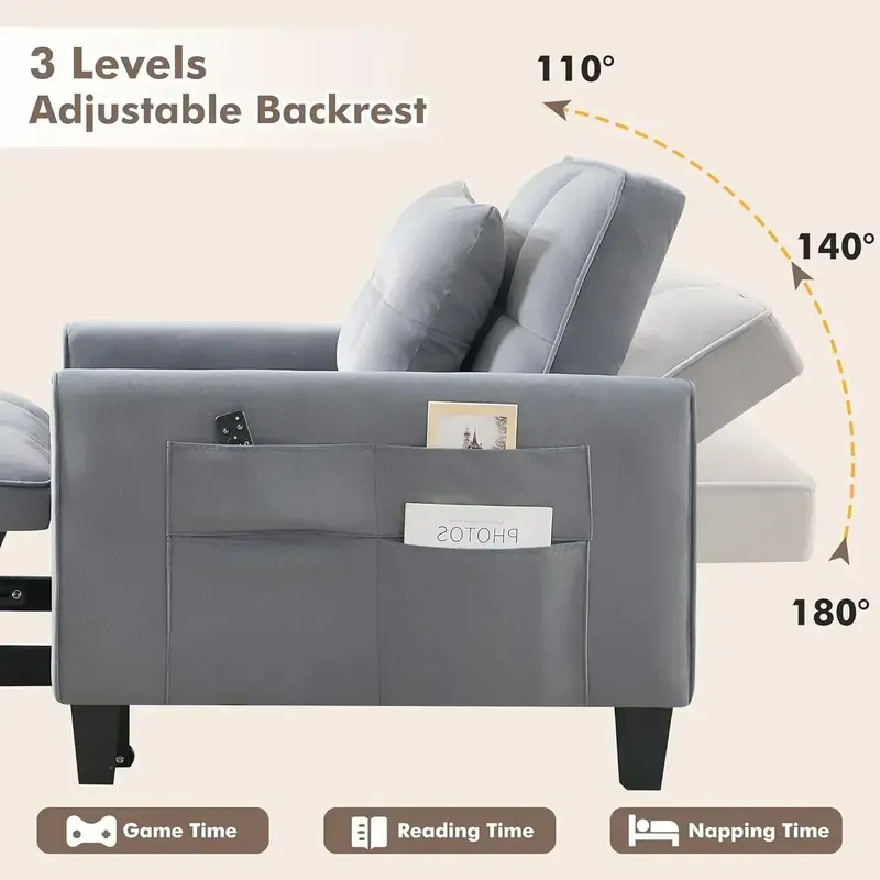 Velvet 3-in-1 Sleeper Chair – Compact Convertible Sofa Bed with Pull-Out Frame