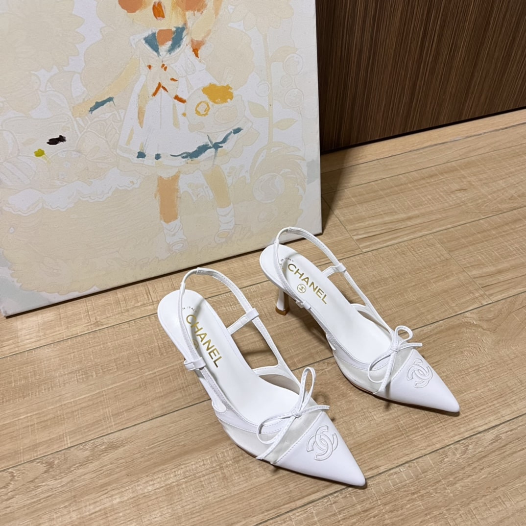 Chanel Cc Leather Pointy Toe Pumps Slingbacks Sandals White