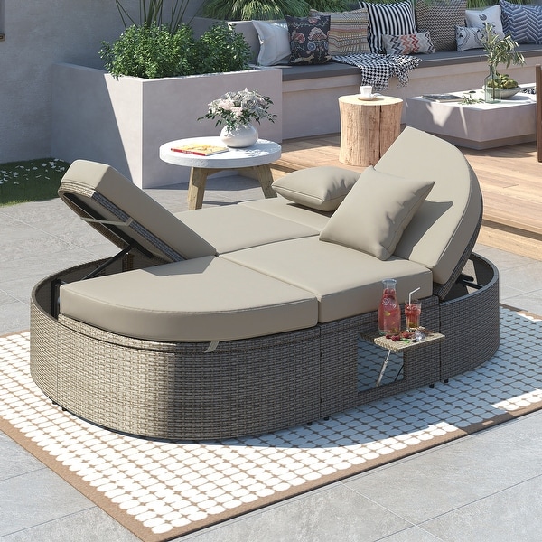 2Person Rattan Garden Reclining Chaise Lounge Daybed with Cup Trays