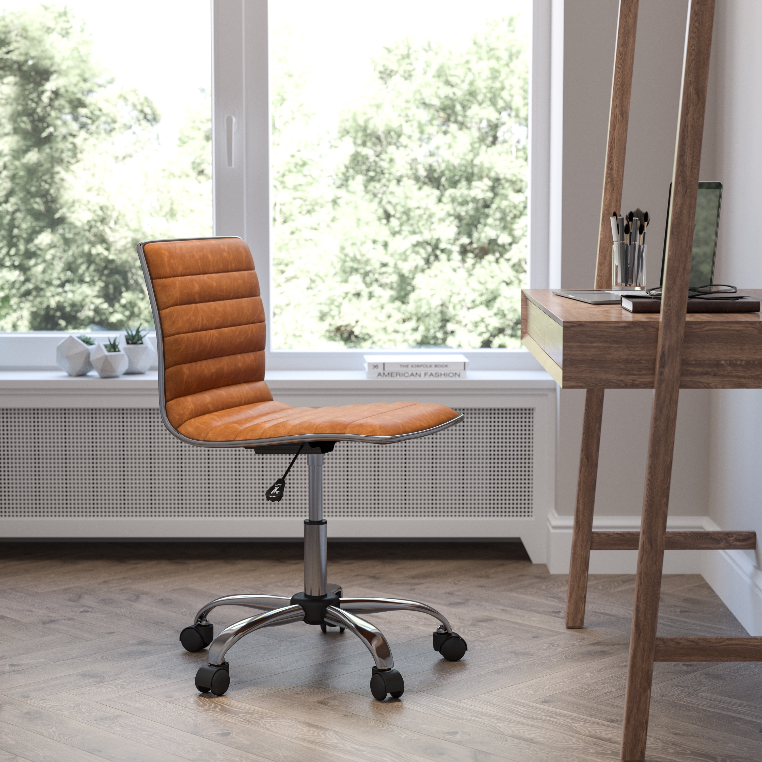 Emma + Oliver Low Back Designer Armless Brown Ribbed Swivel Task Office Chair, Desk Chair