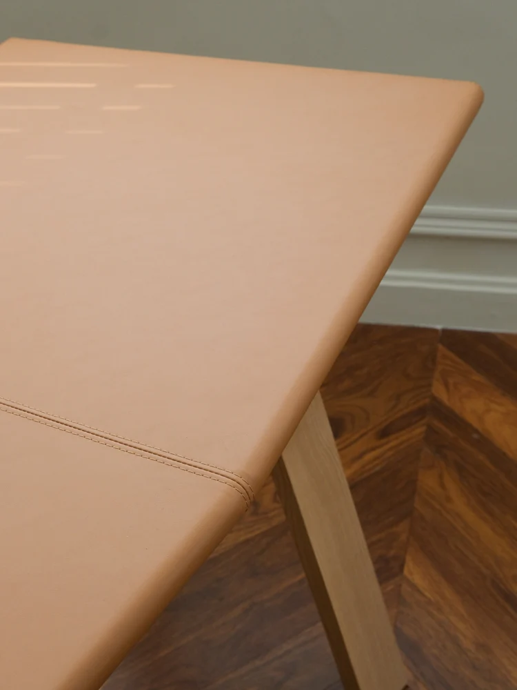 YA018 (Desk) - H Gold Brown Leather Arc-shaped Desk White Waxwood Legs Modern Home Simple Computer Desk Long Table