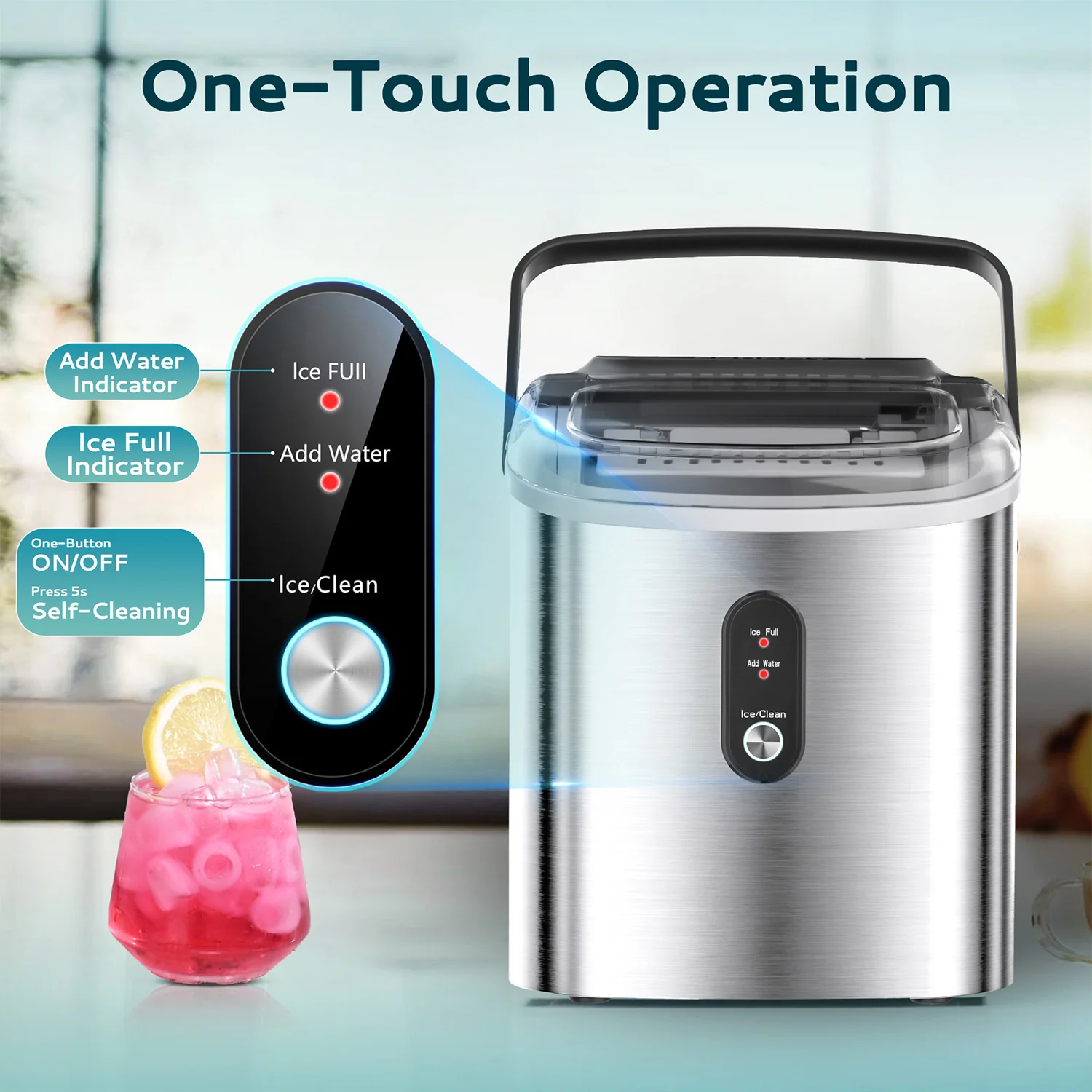 Countertop Ice Maker Machine with Handle 26.3lbs per Day 9 Cubes in 6 Mins