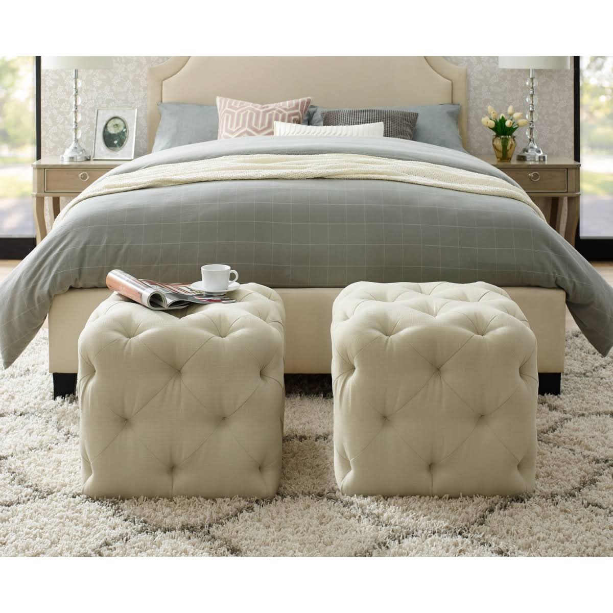 Posh Living Leonard Modern Linen Fabric Square Ottoman in Cream/White