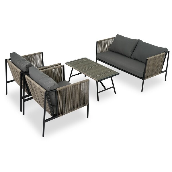 4Piece Rope Sofa Conversation Sets with Cushions and Table