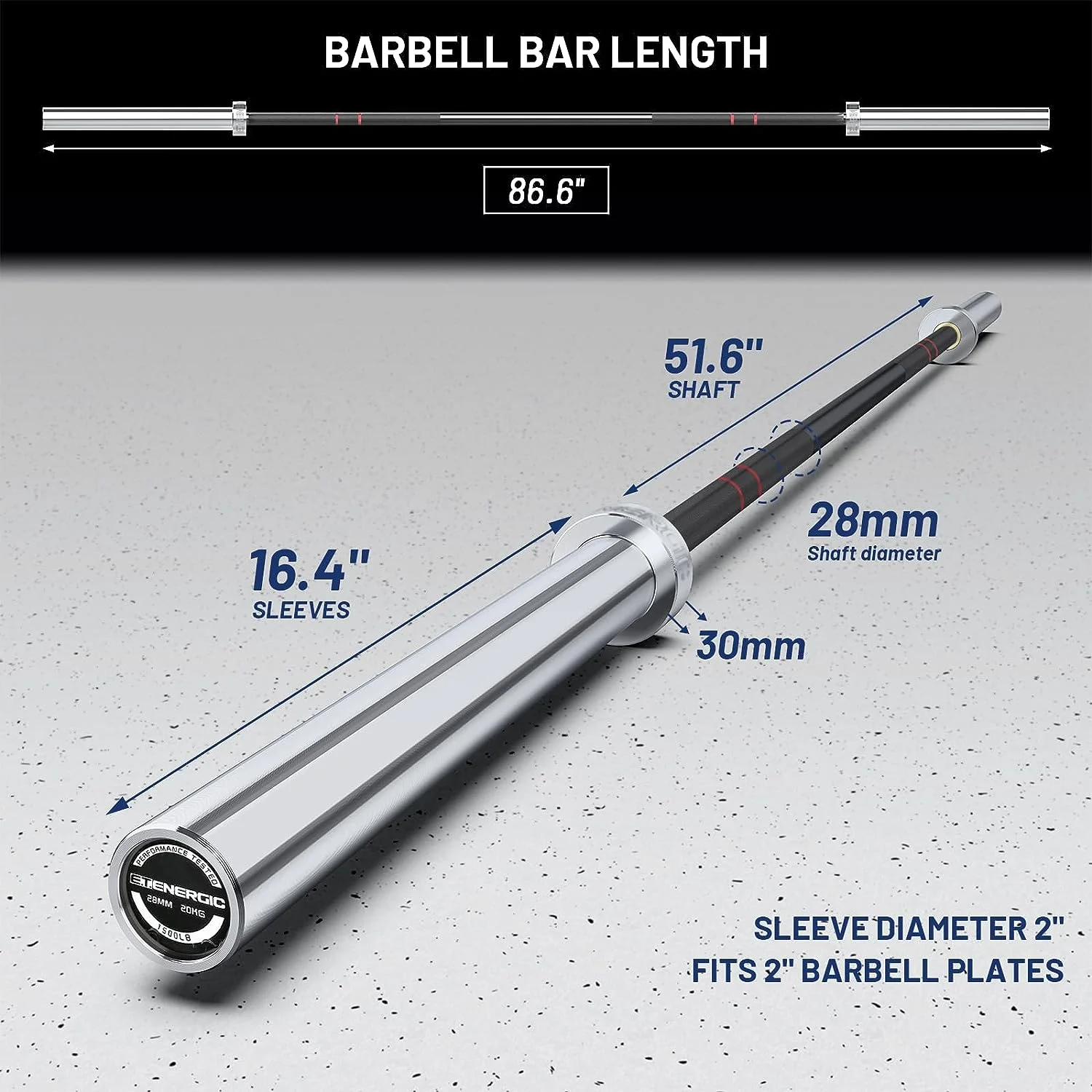 E.T.ENERGIC 7ft 44 lb Olympic Bar for Weightlifting and Power Lifting Weight Barbell 1500 lb Capacity