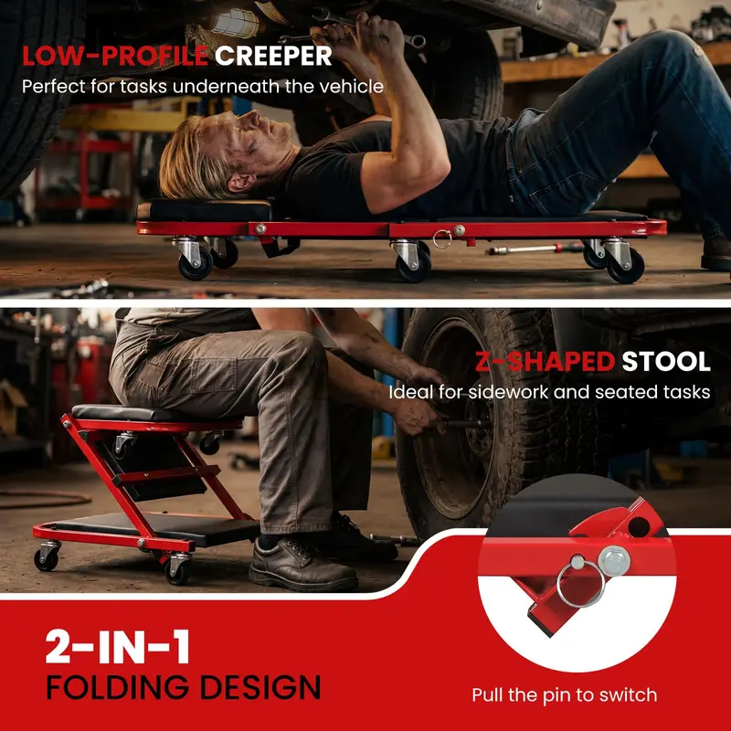 Rolling Mechanic Stool with Height-Adjustable Seat (16″–22″) and Detachable Magnetic Tool Tray