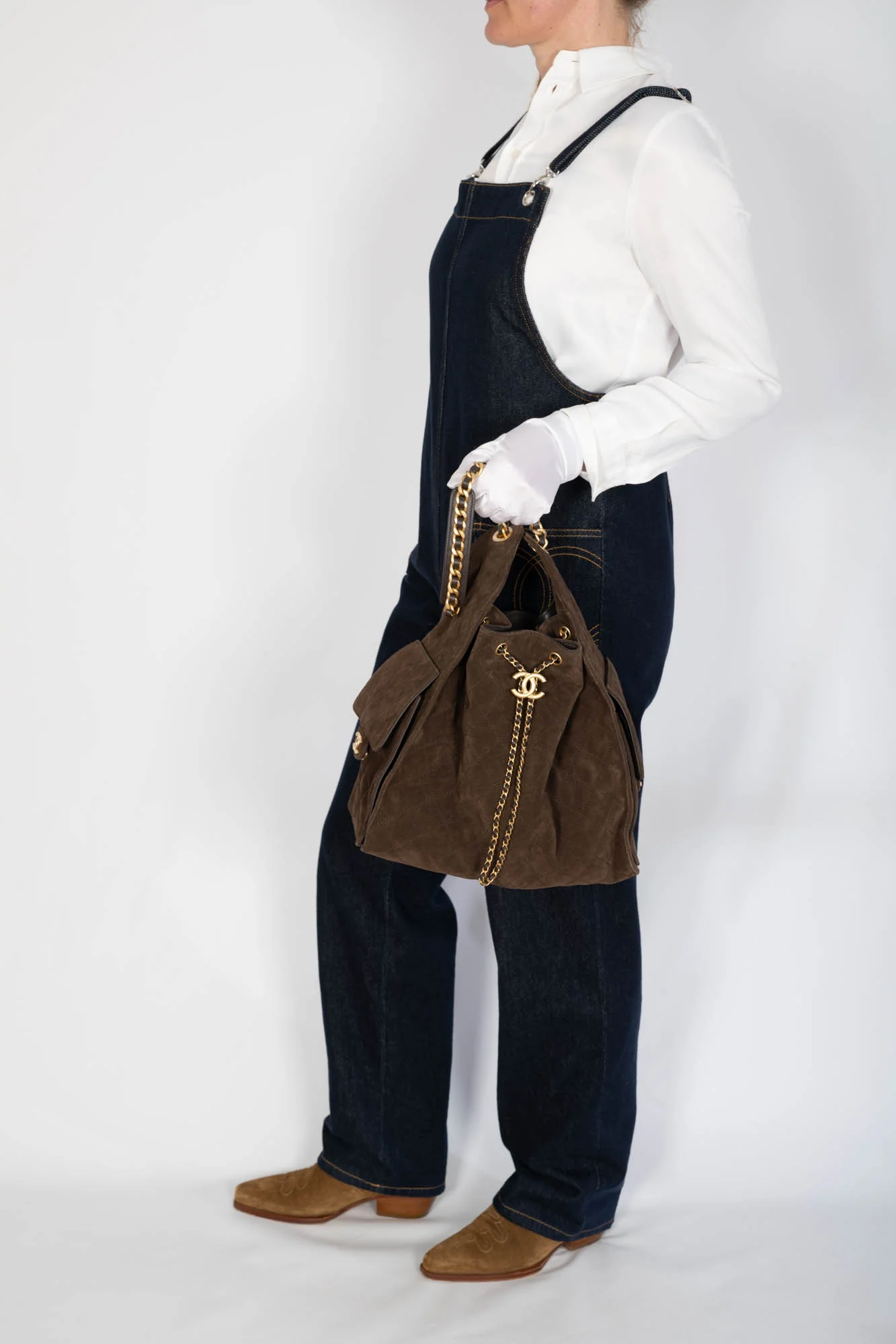 Chanel 25 Medium Handbag Dark Brown Quilted Suede Gold Hardware
