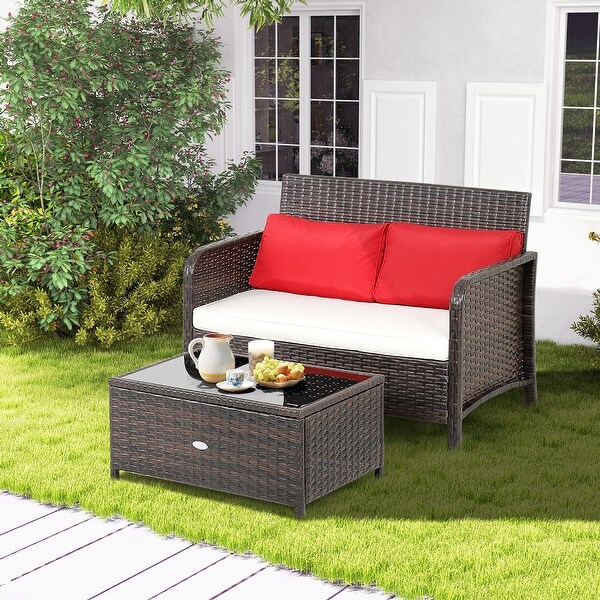 Costway 2PCS Patio Rattan Wicker Loveseat Coffee Table Set Cushioned