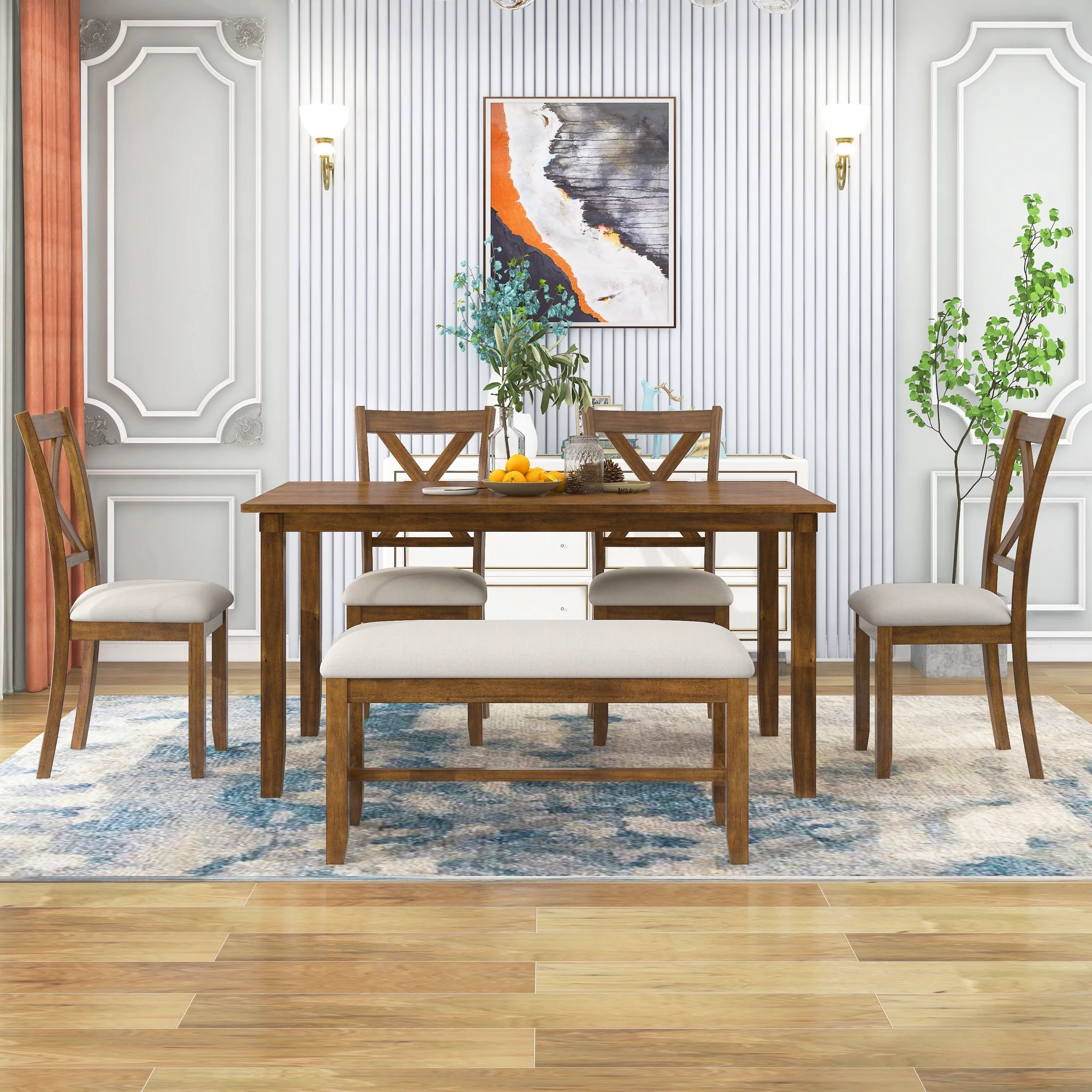TREXM 6-Piece Kitchen Dining Table Set Wooden Rectangular Dining Table, 4 Fabric Chairs and Bench