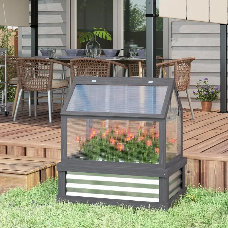 Wooden Raised Garden Bed with Polycarbonate Peak-Roof Greenhouse – 35.5″ x 22.5″ x 38.25″, Gray Cold Frame Planter