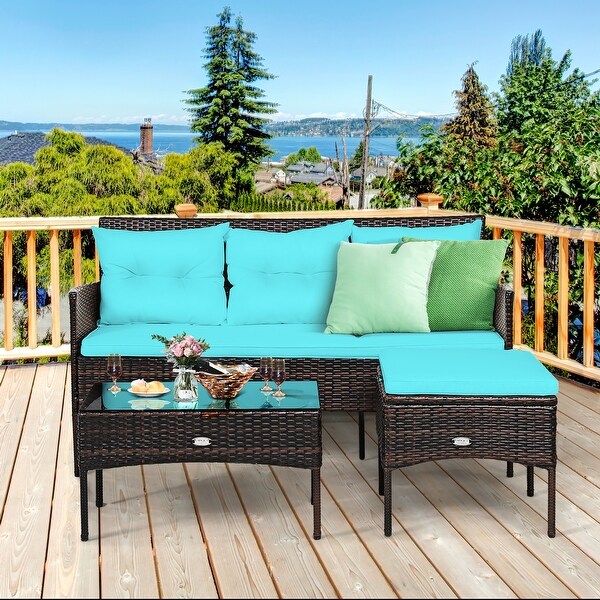 Costway 3PCS Patio Rattan Furniture Set 3Seat Sofa Cushioned Table