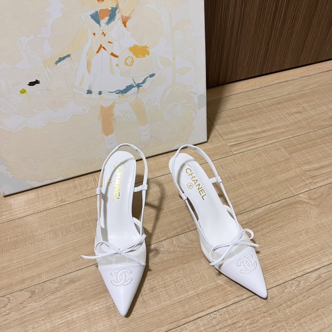 Chanel Cc Leather Pointy Toe Pumps Slingbacks Sandals White