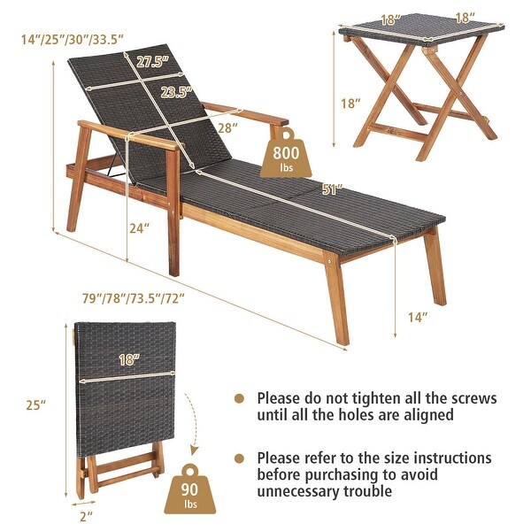 Costway 2PCS Patio Rattan Lounge Chair Chaise Recliner Wood Back