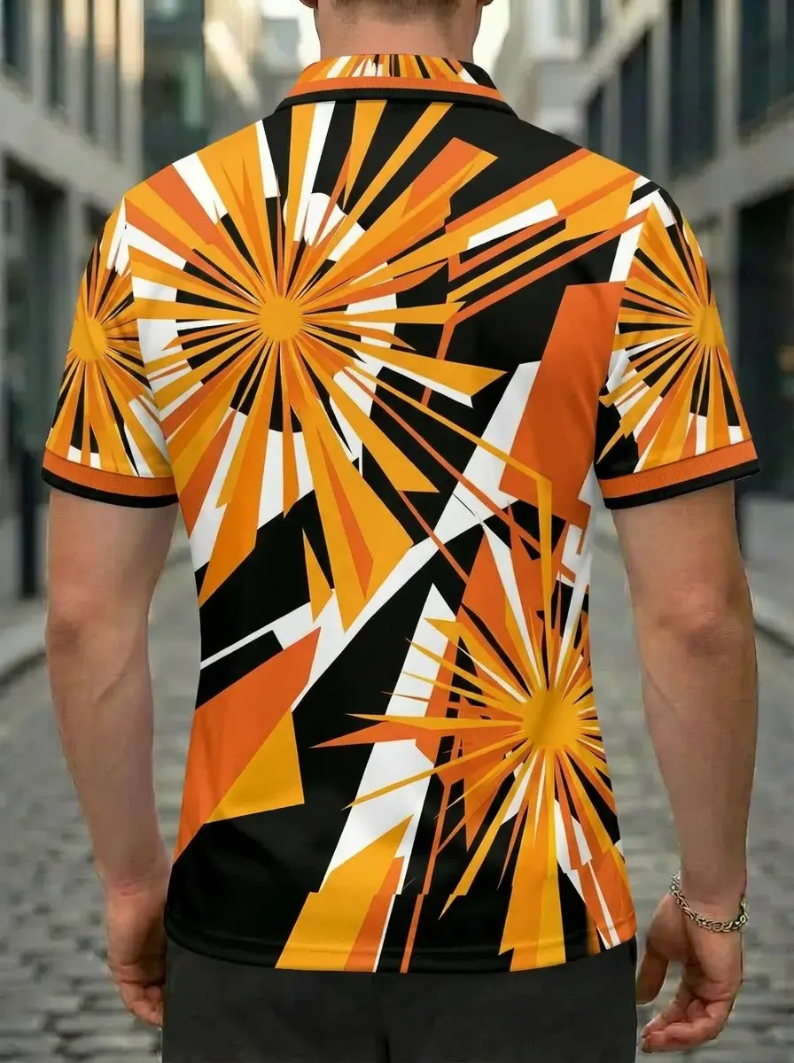 Moisture Wicking Golf Polo 3D Orange Yellow Black White Sunburst Geometric Button Short Sleeve Golf Polo Shirt