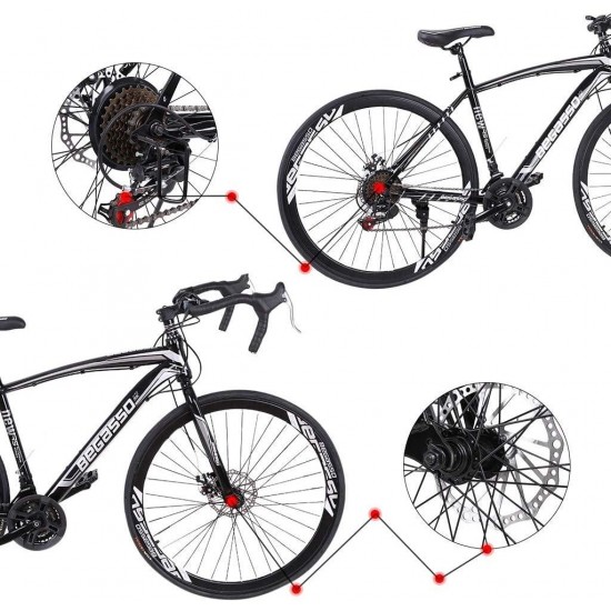 Aluminum Road Bike, 21 Speed Disc Brakes Aluminum Frame Road Bicycles Full Suspension Road Bike, 700c Dual Disk Brake Quick Release Racing Bicycles (Blue/White)