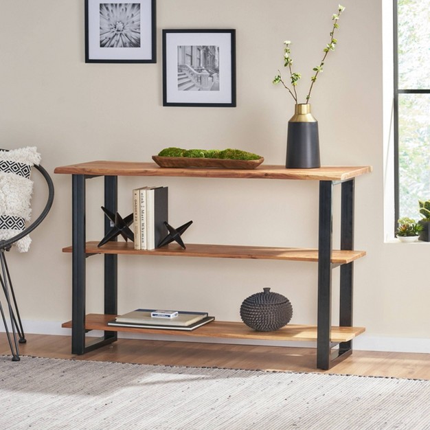 Rooker Handcrafted Modern Industrial Acacia Wood Media Console Table Natural black Christopher Knight Home