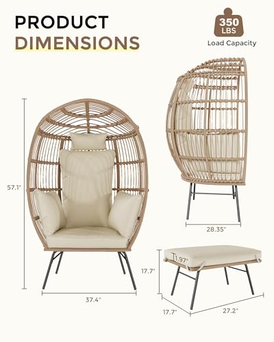 Oversize Wicker Egg Chair with Ottoman, Egg Basket Lounge Chair with Thick Cushion, Comfy Egg Rattan Seat for Indoor Outdoor Patio Porch Backyard, Beige