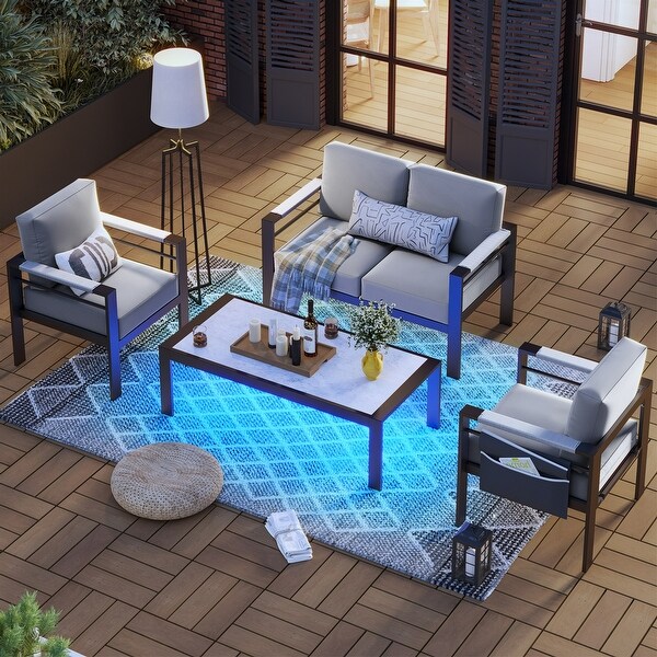4Piece 4 Person Aluminum Patio Conversation Set with Cushions LED Coffee Table and Loveseat