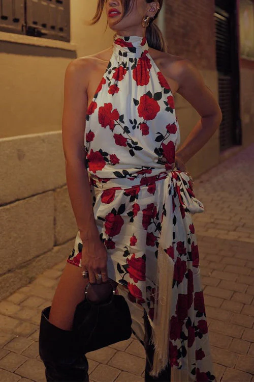 Floral Halter Backless Midi Dress with Tie WaistClistos