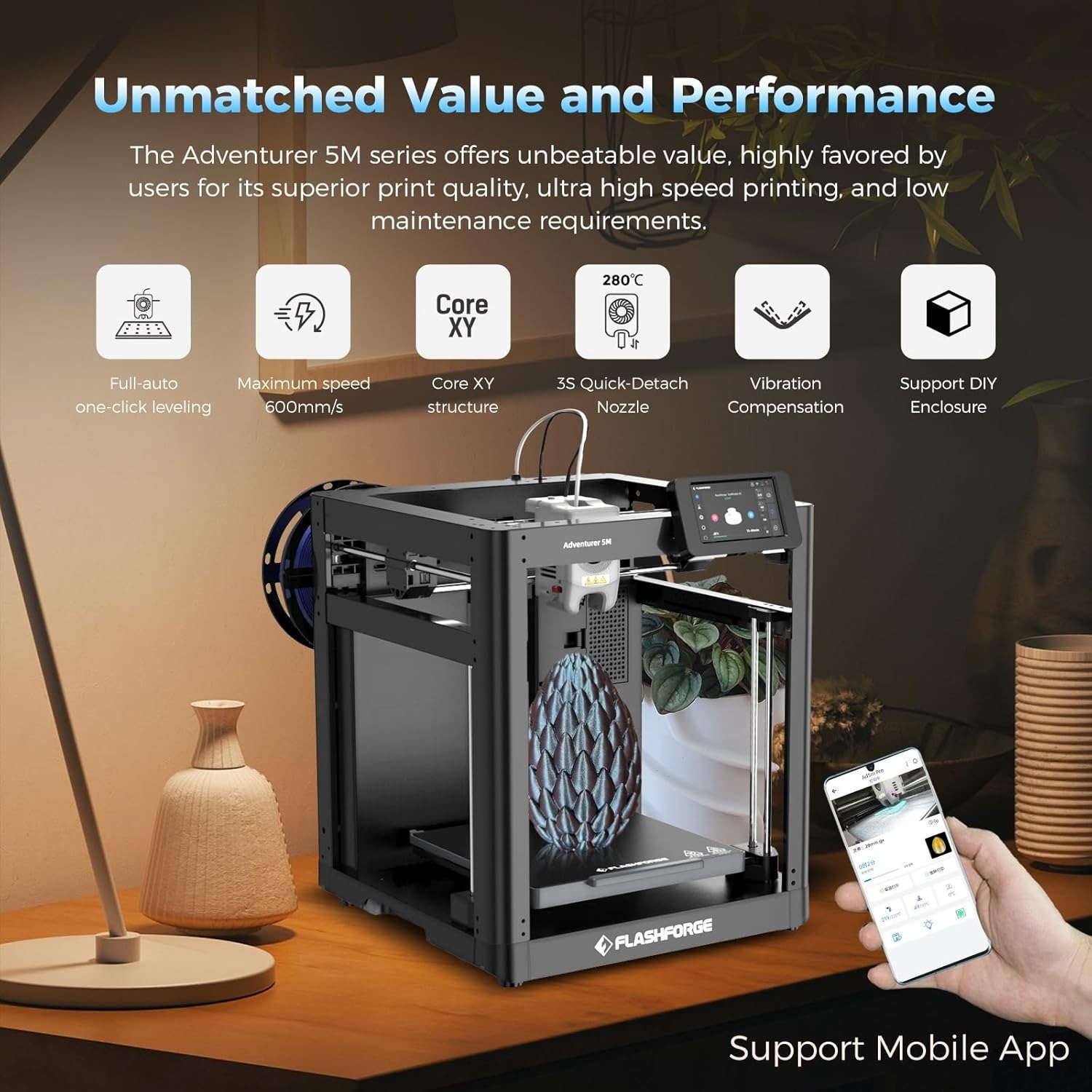 3D Printer with Fully Auto Leveling, Max 600mm/s High Speed Printing, 280°C Direct Extruder with 3S Detachable Nozzle,Print Size 220x220x220mm