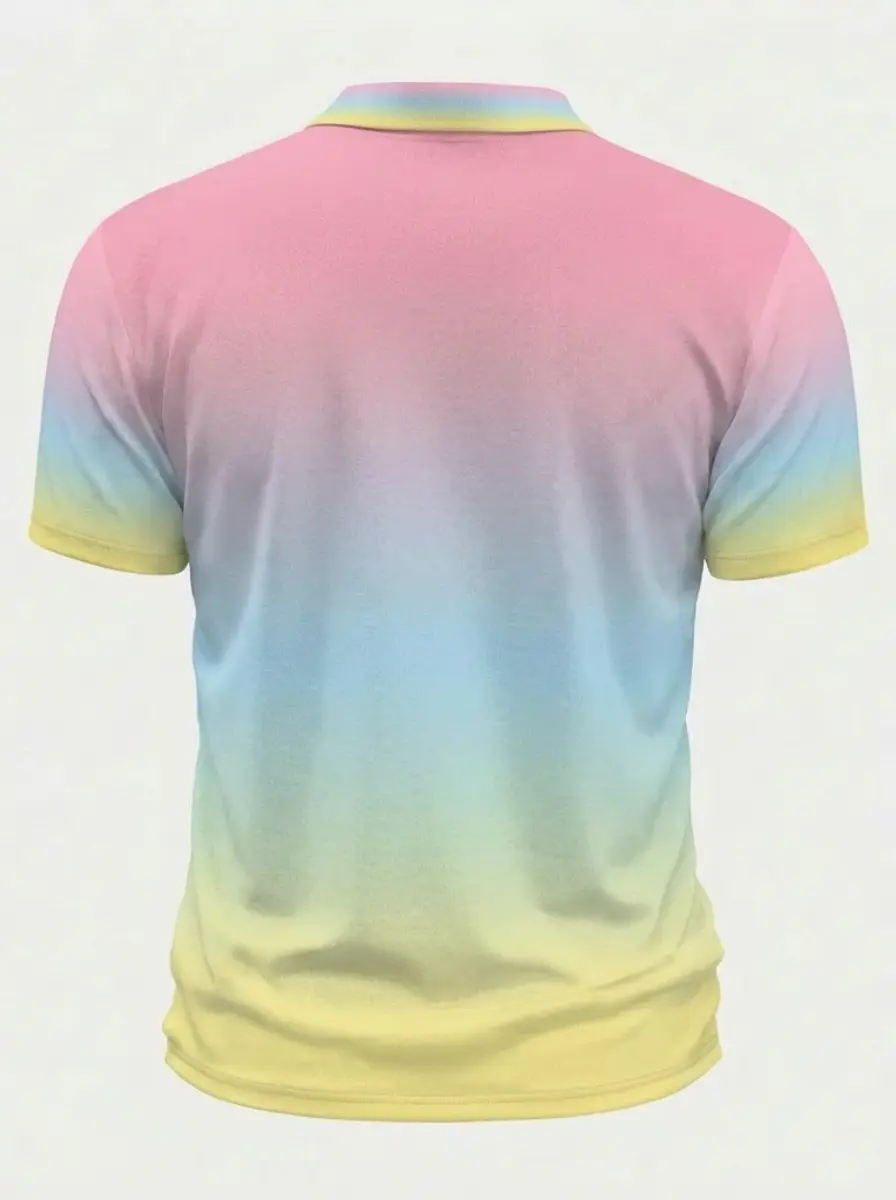 Moisture Wicking Golf Polo 3D Rainbow Pastel Ombre Gradient Button Short Sleeve Golf Polo Shirt