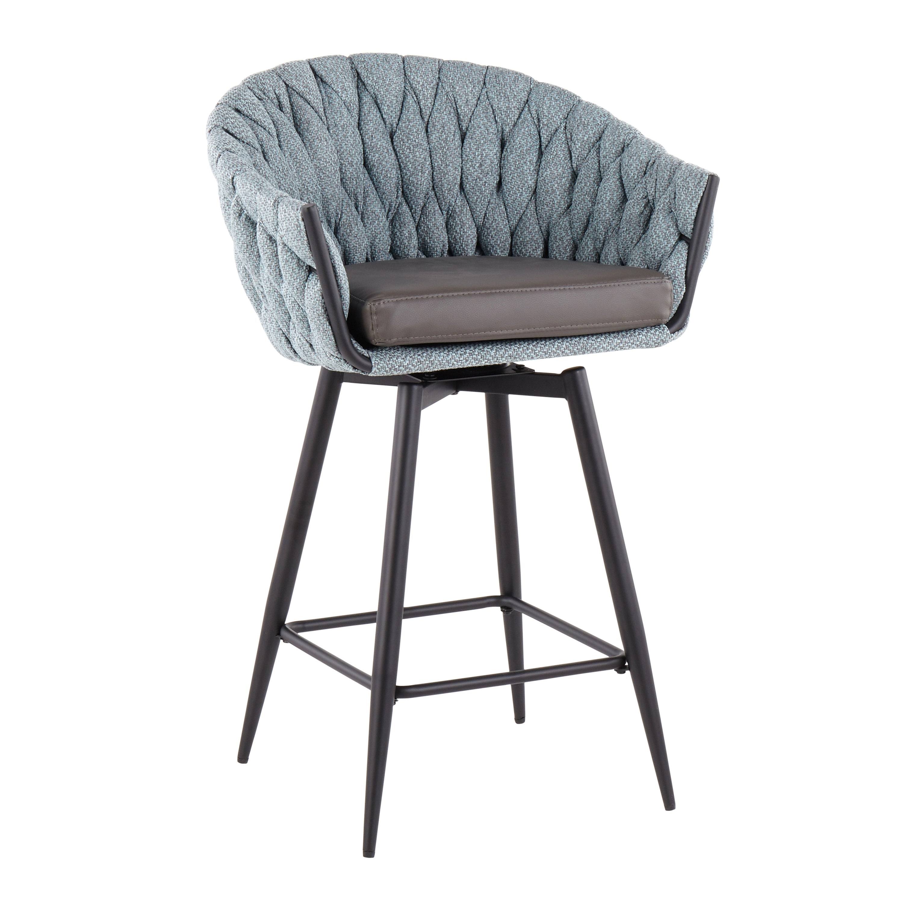 LumiSource Braided Matisse Counter Stool - Set of 2 - Black Steel, Blue Fabric, Grey PU