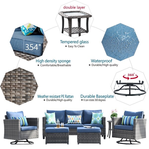 OVIOS 6piece Wicker Sectional Sofa Swivel Rocking Chair Set
