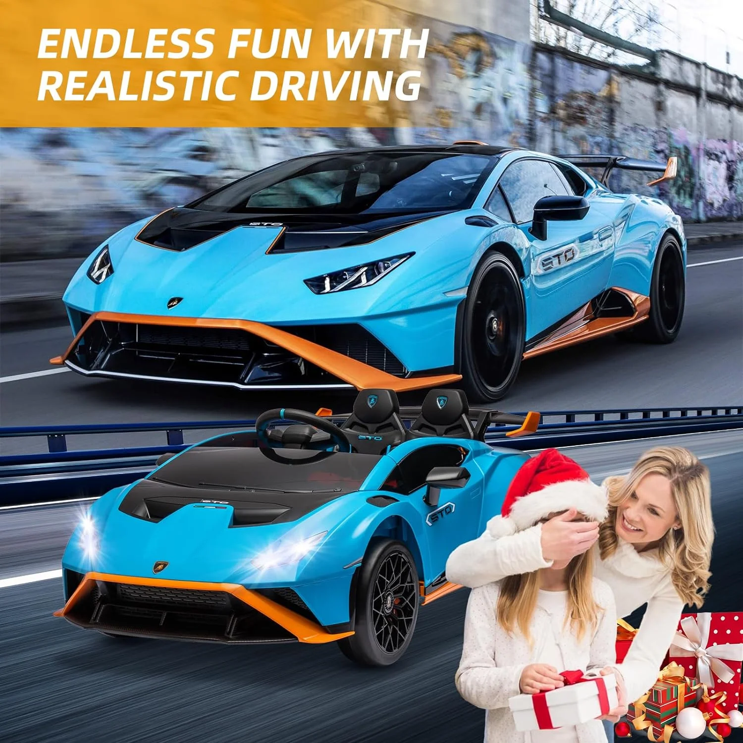 UPYOOE 24V Kids Electric Ride On Car, 2 Seater Drift Kids Car, Huracan STO Battery Powered Car, 360°Spin, LED Lights,Music, Early Learning,USB Port,Drift Feature