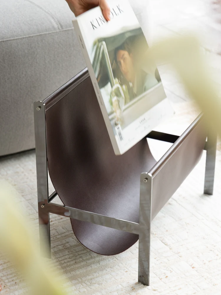 DC274 - Danish Vintage Ebony Leather Bedside Shelf Book Storage Side Table Stainless Steel Corner Table