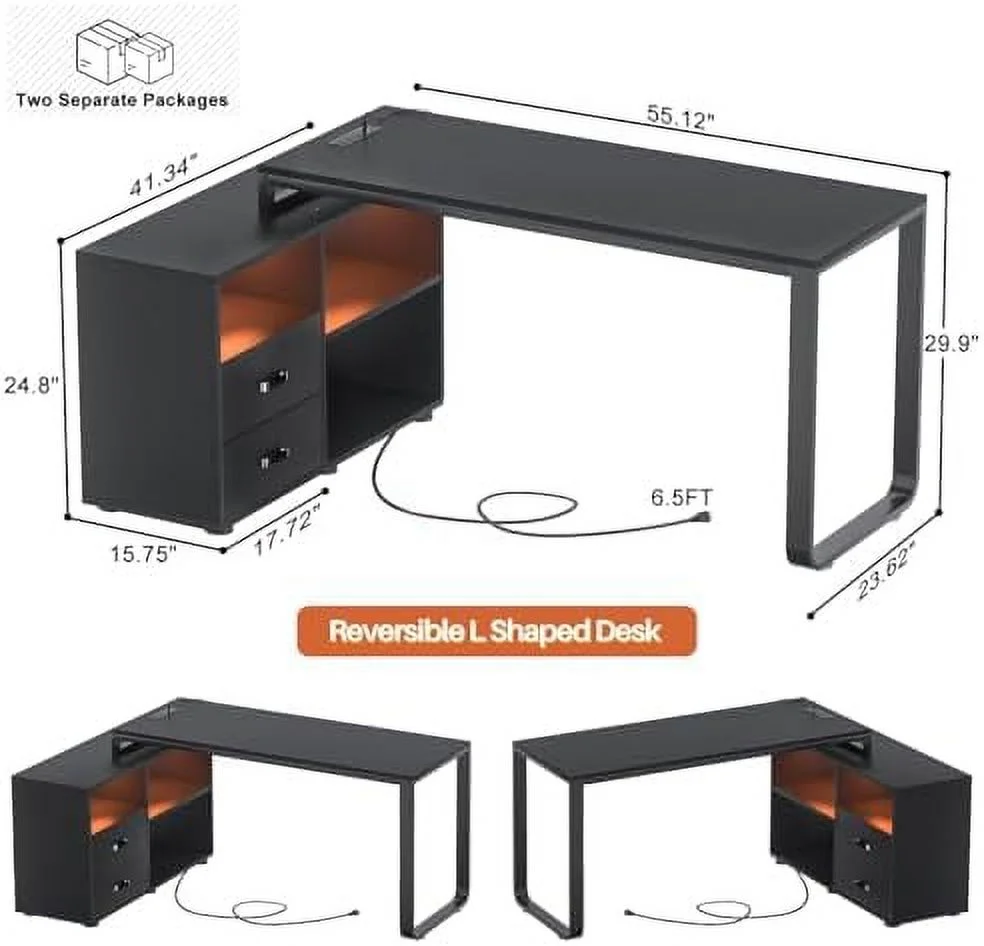 HJZBNONE L Shaped Desk with File Cabinet & Power Outlet  Reversible 55 Inch Large Corner Computer Desks with LED Strip  L-Shaped Computer Desk with Drawers and  Shelves  Grey