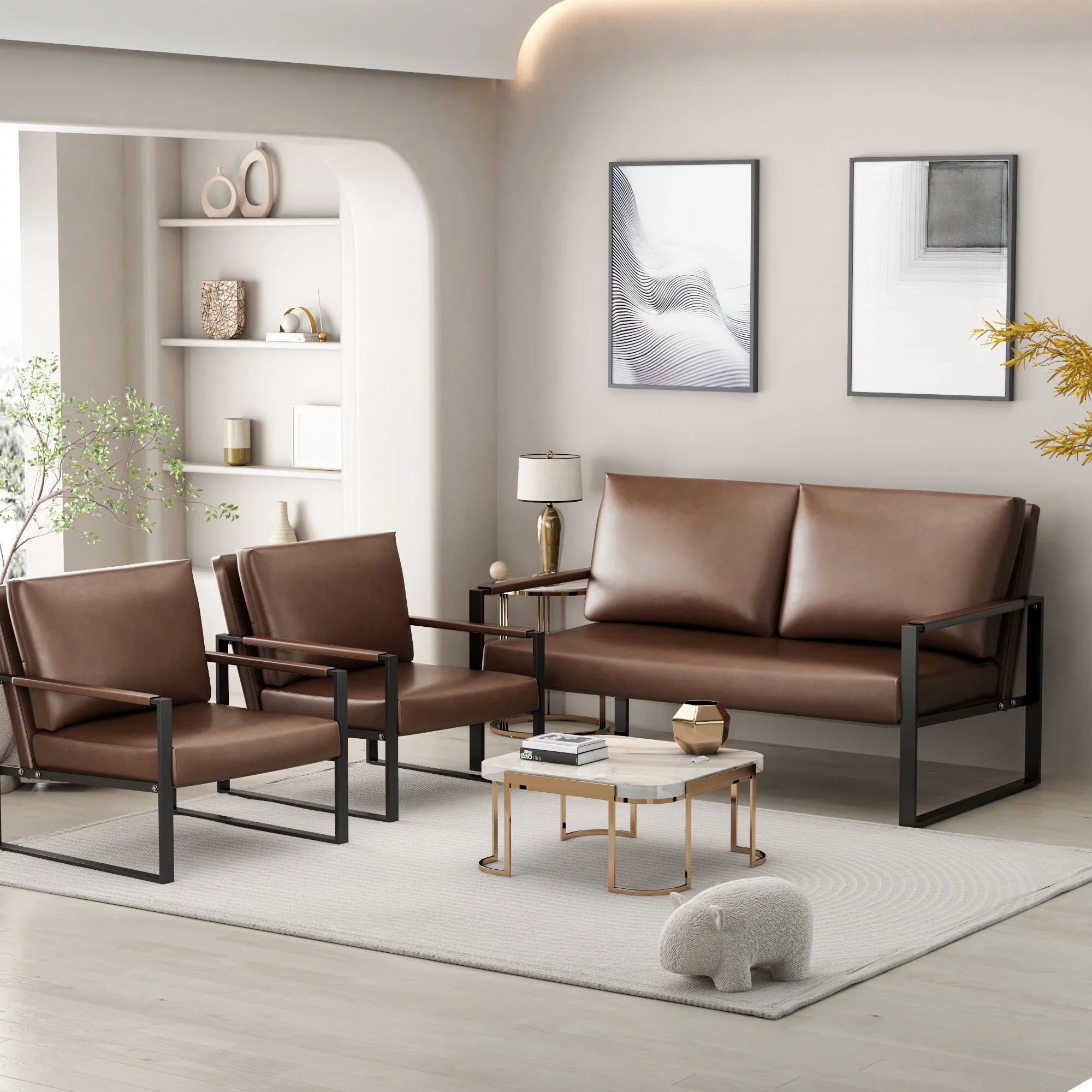 Mieres  Mid-Century Style 3-Piece PU Leather Living Room Sofa Set Including 2 Armchairs and 1 Loveseat Sofa Gray